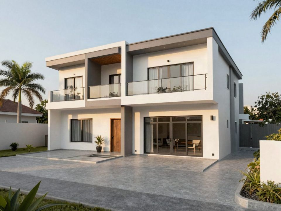 White and grey modern terrace house with balcony and paved compound
