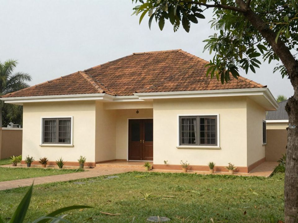 Cream bungalow with brown roof tiles and green lawn